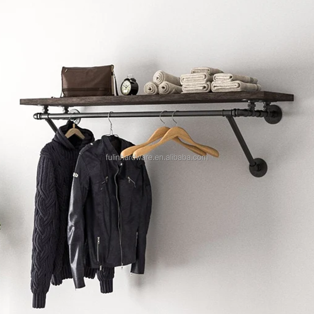 Wall Mounted Cloths Rack Industrial Pipe Clothing Store Display Rack Black Garment Storage Rack With Shelf