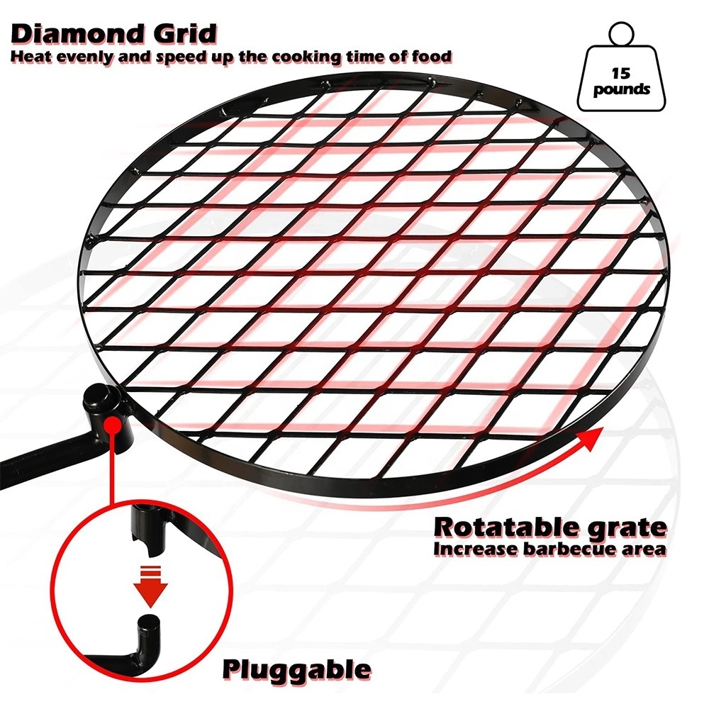 Adjustable Swivel Campfire Grate Heavy Duty Steel Portable Fire Cooking Camping BBQ Grill