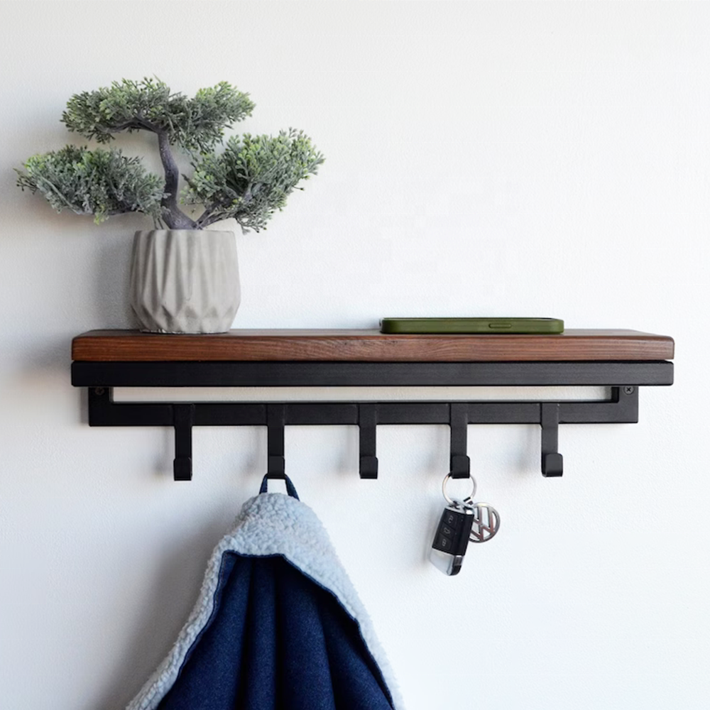 Entryway Floating Coat Rack Wall Mount Wood Shelves For Wall with Hooks Folding Coat Rack