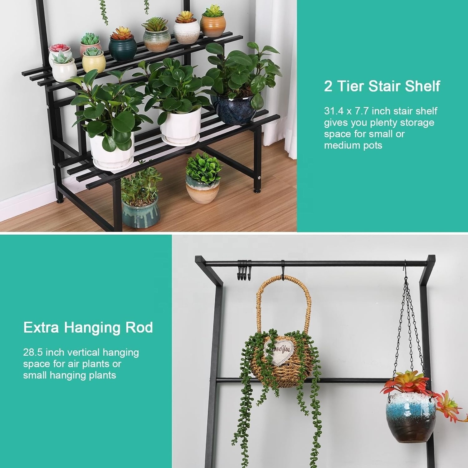 2 Tire Hanging Plant Stand Stair Shelf with Hanging Bar Metal Plant Stand Flower Pot Organizer for Balcony Patio