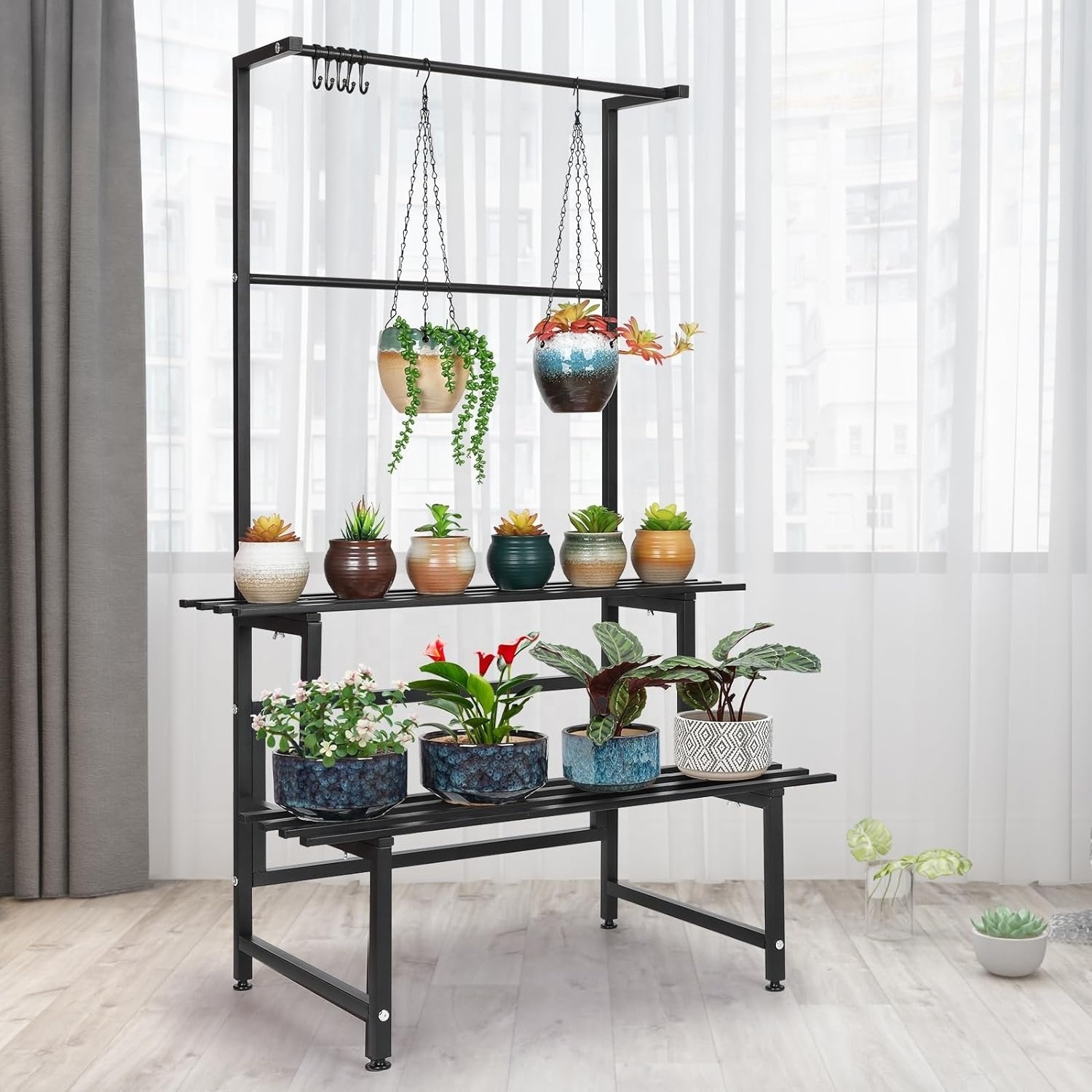 2 Tire Hanging Plant Stand Stair Shelf with Hanging Bar Metal Plant Stand Flower Pot Organizer for Balcony Patio