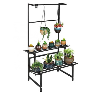 2 Tire Hanging Plant Stand Stair Shelf with Hanging Bar Metal Plant Stand Flower Pot Organizer for Balcony Patio