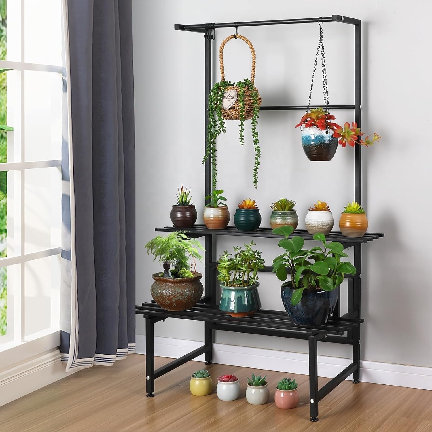 2 Tire Hanging Plant Stand Stair Shelf with Hanging Bar Metal Plant Stand Flower Pot Organizer for Balcony Patio