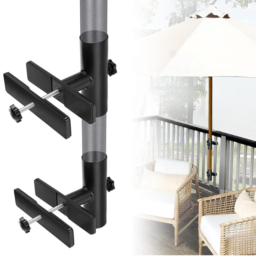 Adjustable Patio Umbrella Holder Outdoor Stand Metal Clamp Umbrella Base for Fixed Deck Railing and Poles