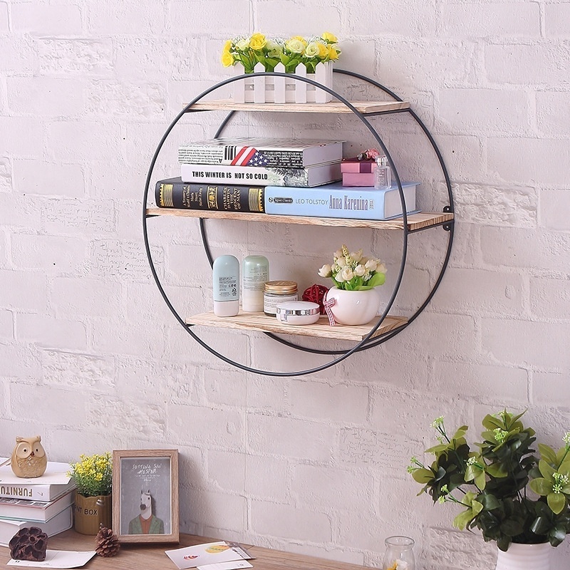 Black Iron Decorative Wall Mount Display Shelf Wood Round Shaped Three Tier Black  Wall Shelf With  Mdf  Rack  Shelf