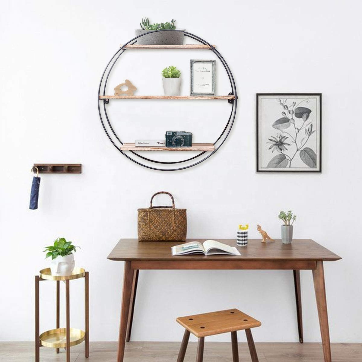 Black Iron Decorative Wall Mount Display Shelf Wood Round Shaped Three Tier Black  Wall Shelf With  Mdf  Rack  Shelf