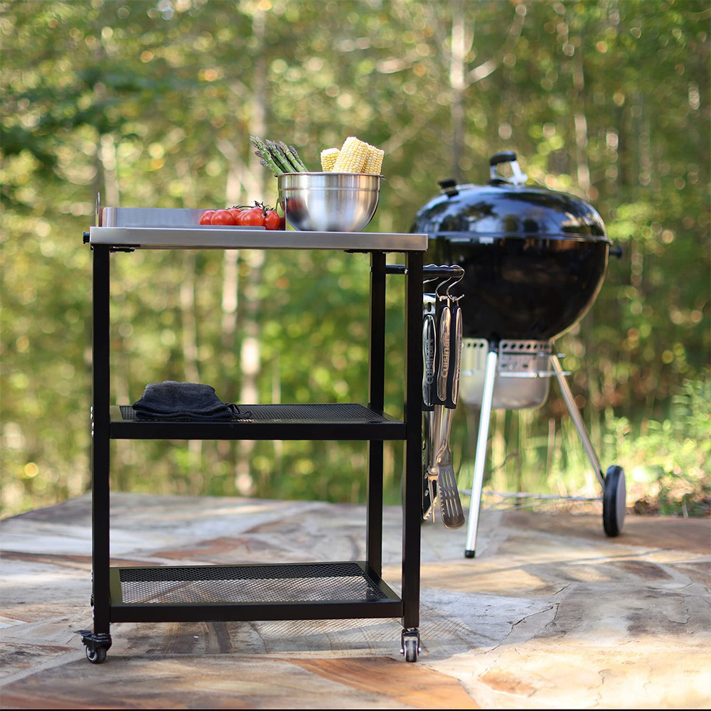 Three Shelf Rolling Outdoor Dining Cart Table Black Steel Camping Kitchen Food Prep Worktable Dining Cart Table