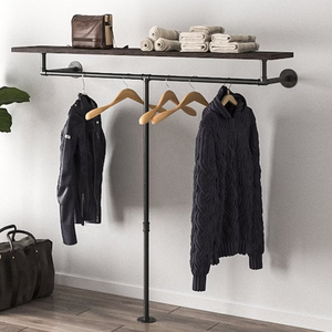 Minimalist Pipe Clothing Rail with Shelf Wall Mounted Standing Hanging Clothes Metal Display Clothes Rack