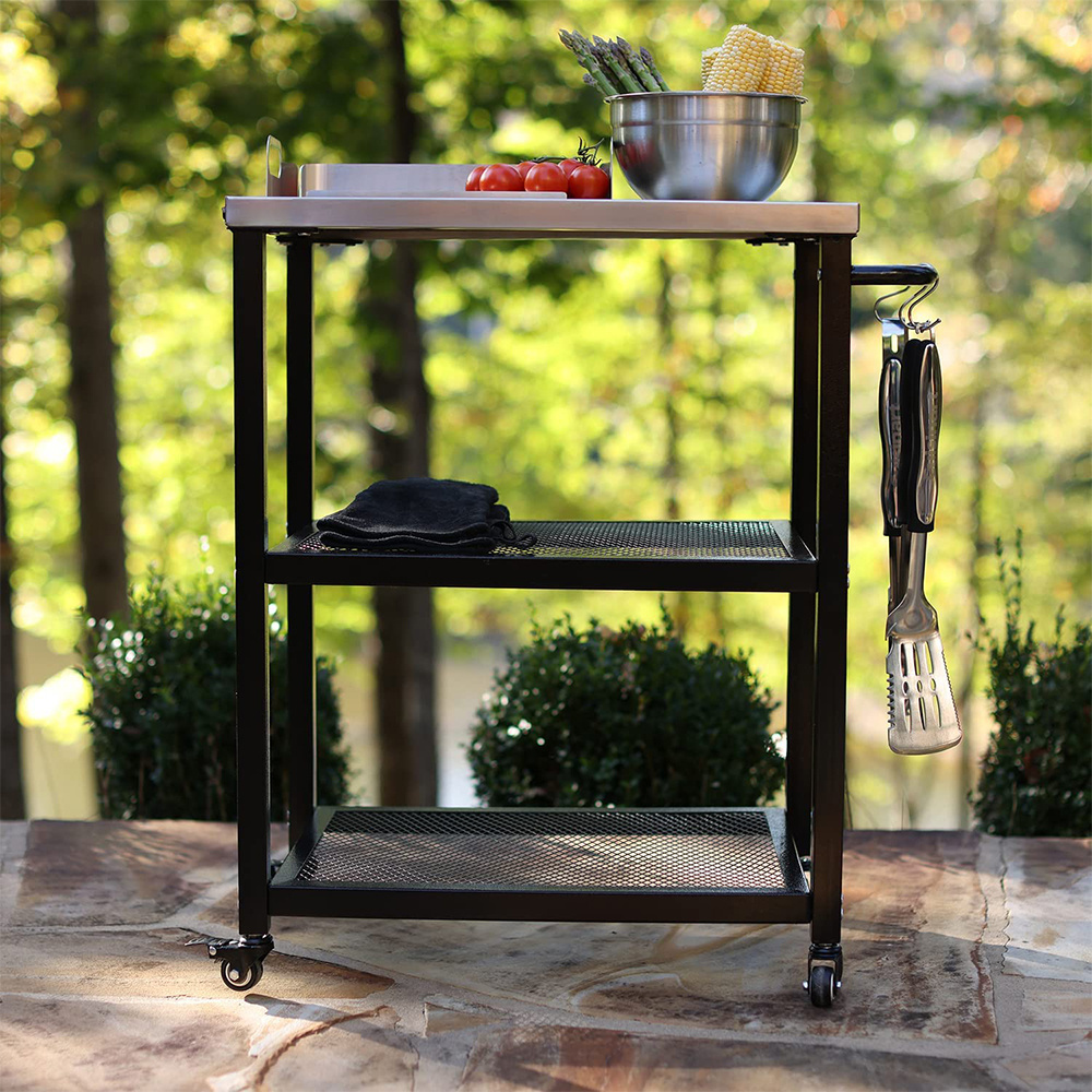 Three Shelf Rolling Outdoor Dining Cart Table Black Steel Camping Kitchen Food Prep Worktable Dining Cart Table