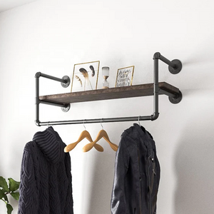 Wall Mounted Clothes Rail with Shelf Industrial Shelving Metal Pipe Rack Black Clothes Hanger Rack