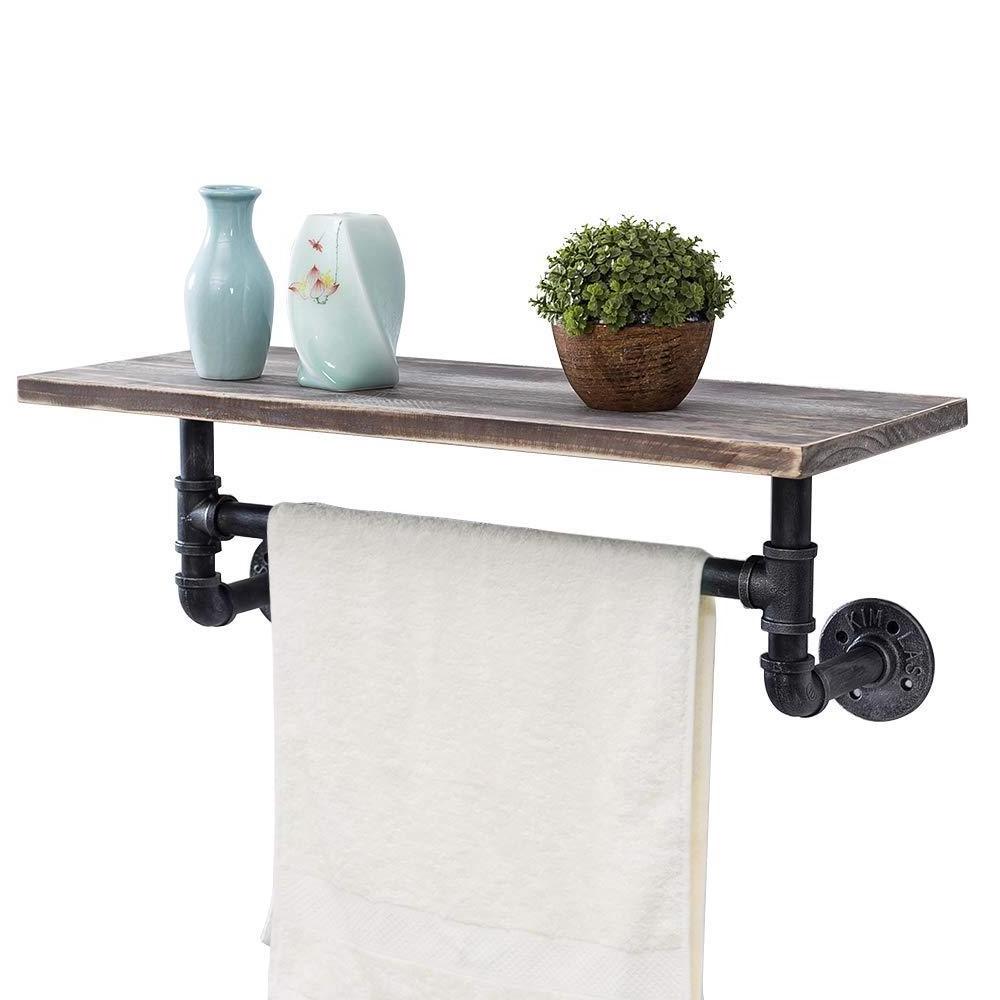 Rustic Wood Shelf With Towel Bar,1 Tier Black Farmhouse Towel Rack Over Toilet,Pipe Shelving Metal Floating Shelves Towel Holder