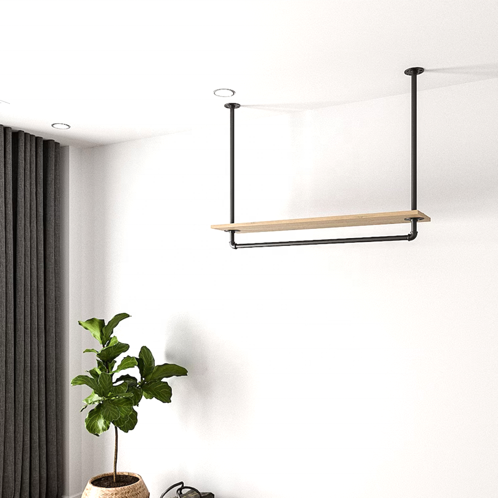 Industrial Style Clothes Rack Hanging Wardrobe Ceiling Wall Hanging Clothes Rack With Shelf