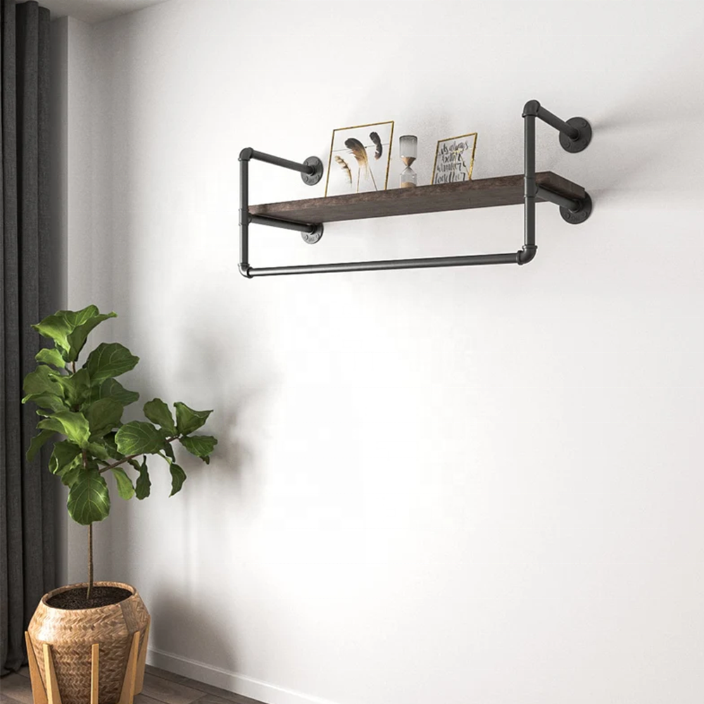 Wall Mounted Clothes Rail with Shelf Industrial Shelving Metal Pipe Rack Black Clothes Hanger Rack