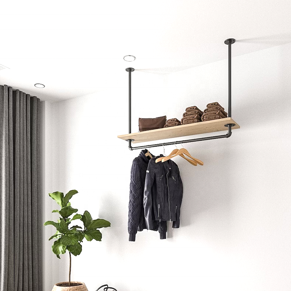 Industrial Style Clothes Rack Hanging Wardrobe Ceiling Wall Hanging Clothes Rack With Shelf