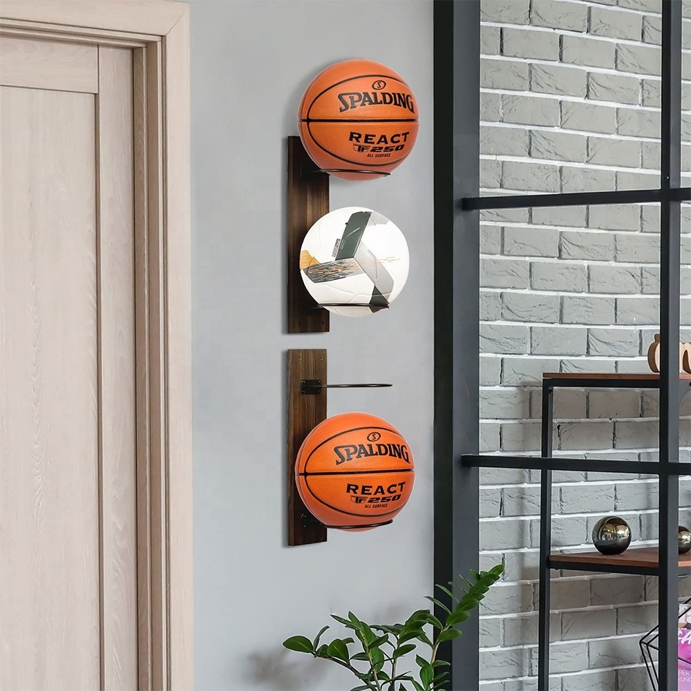 Wood Metal Rustic Ball Holder Gym 2 Tier Ball Rack Round Basketball Volleyball Storage Rack