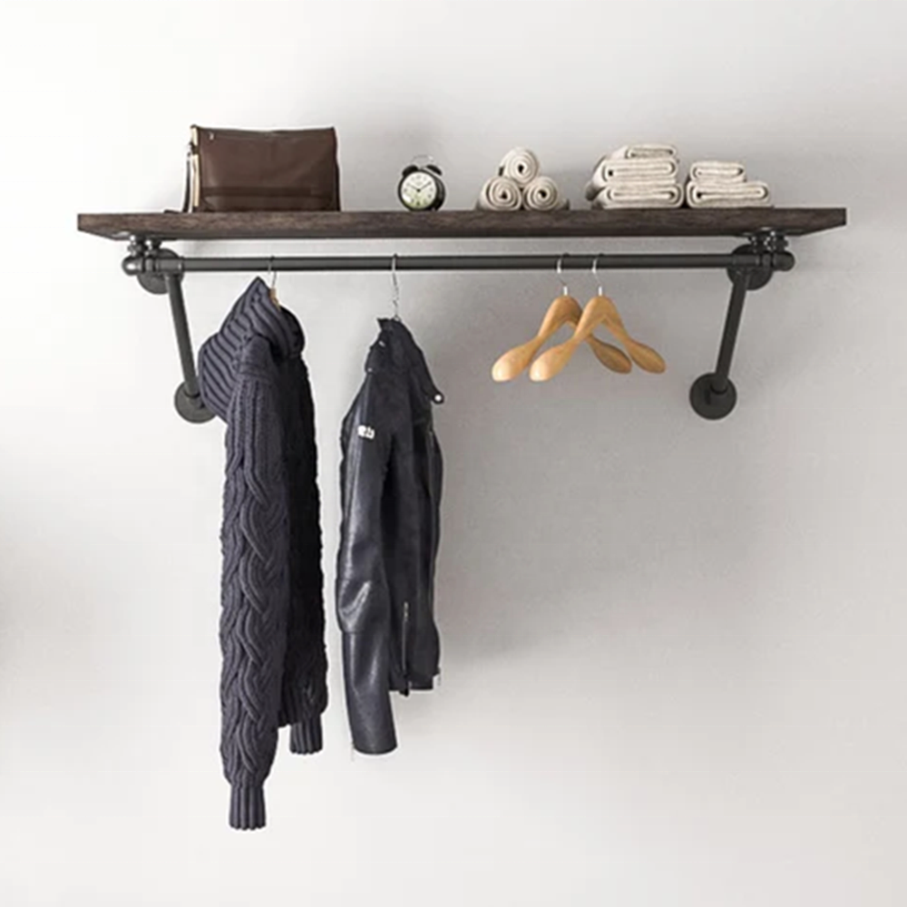 Wall Mounted Cloths Rack Industrial Pipe Clothing Store Display Rack Black Garment Storage Rack With Shelf