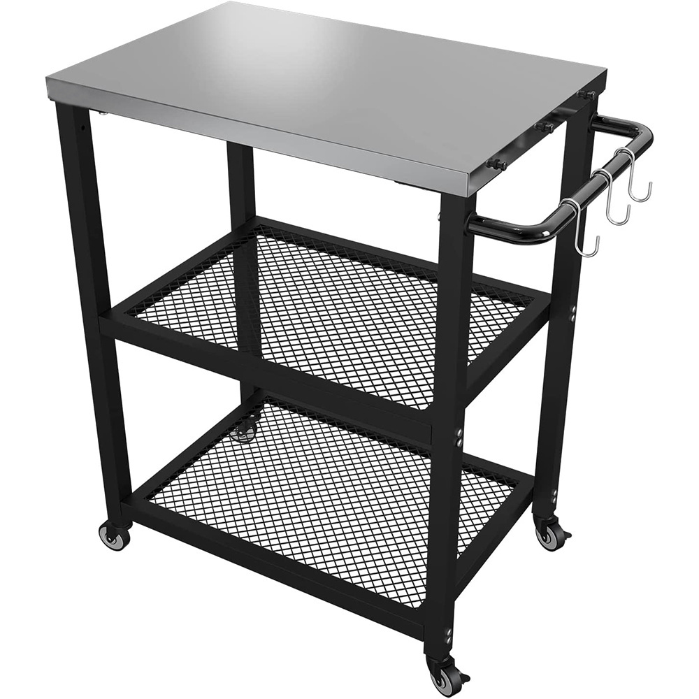 Three Shelf Rolling Outdoor Dining Cart Table Black Steel Camping Kitchen Food Prep Worktable Dining Cart Table