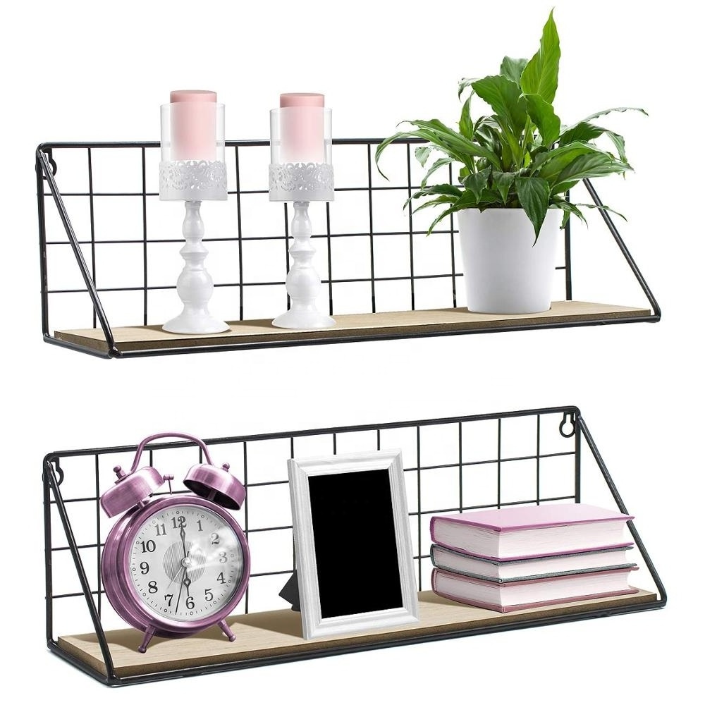 Rustic Floating Shelves Wall Mounted Storage Modern Metal Shelf Bracket  Wall Hanging Iron Black Wood Wooden Wall Rack