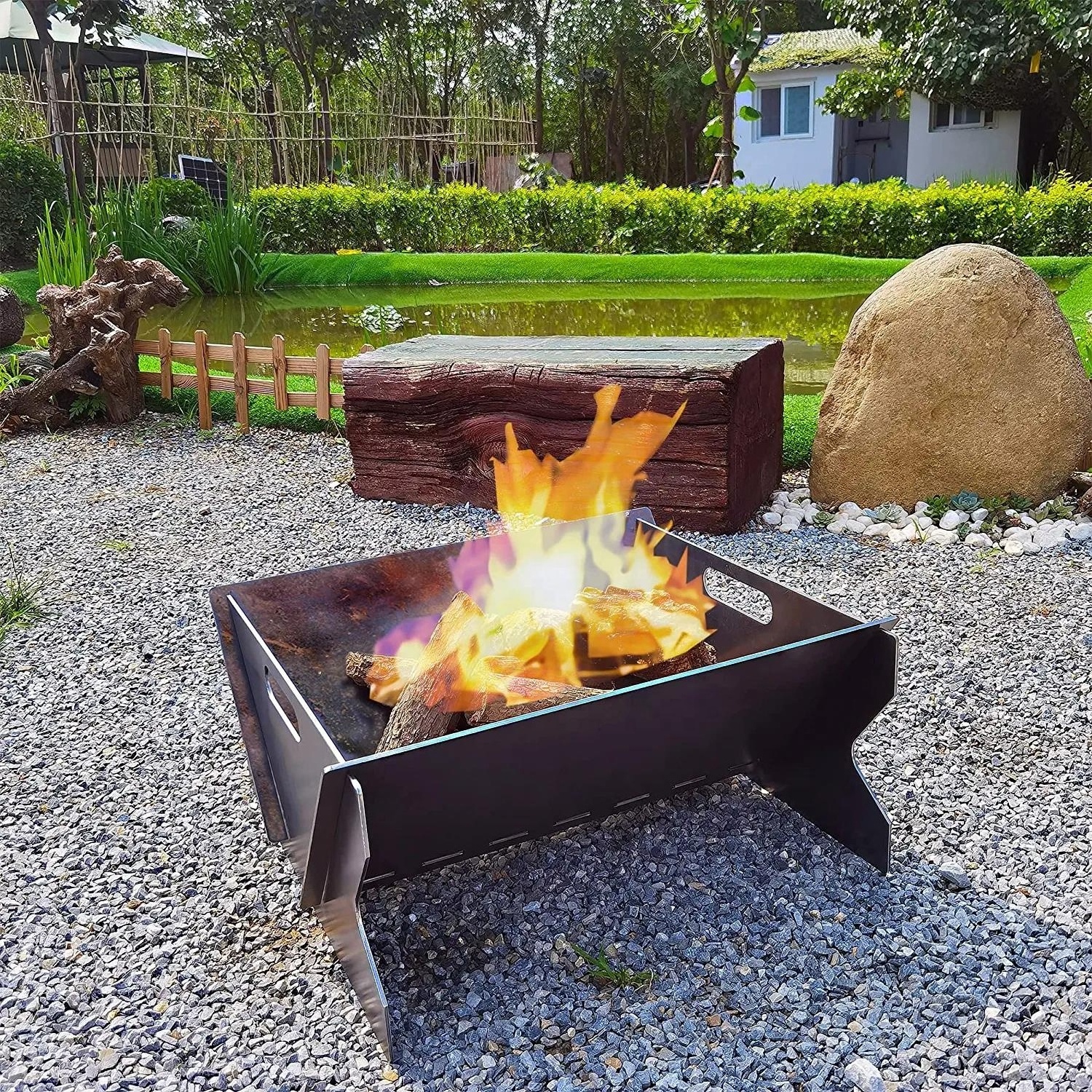 Fire Pits for Wood Burning Outdoor Metal Square Firepit Garden Back Yard Deck Camping Portable Firepit