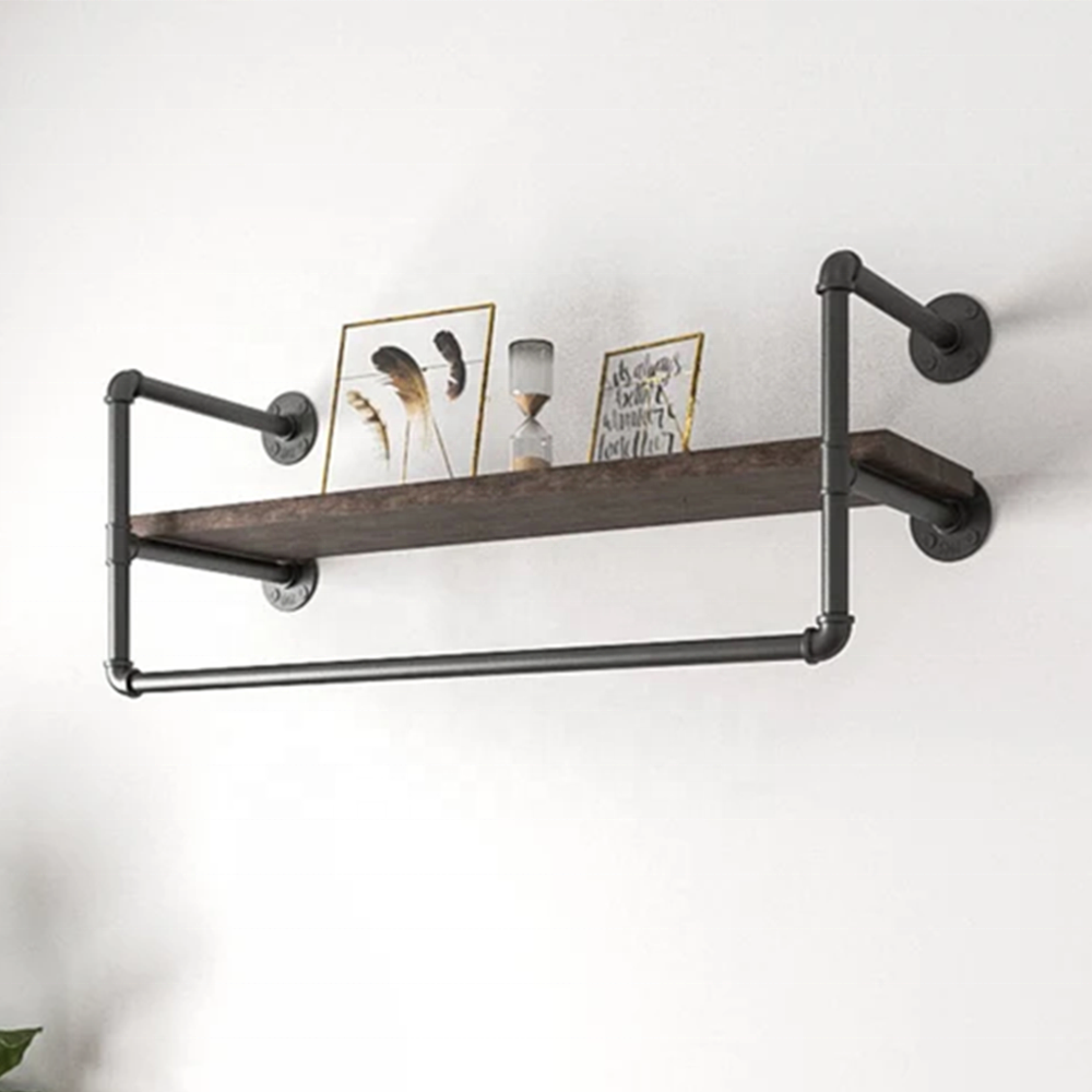 Wall Mounted Clothes Rail with Shelf Industrial Shelving Metal Pipe Rack Black Clothes Hanger Rack