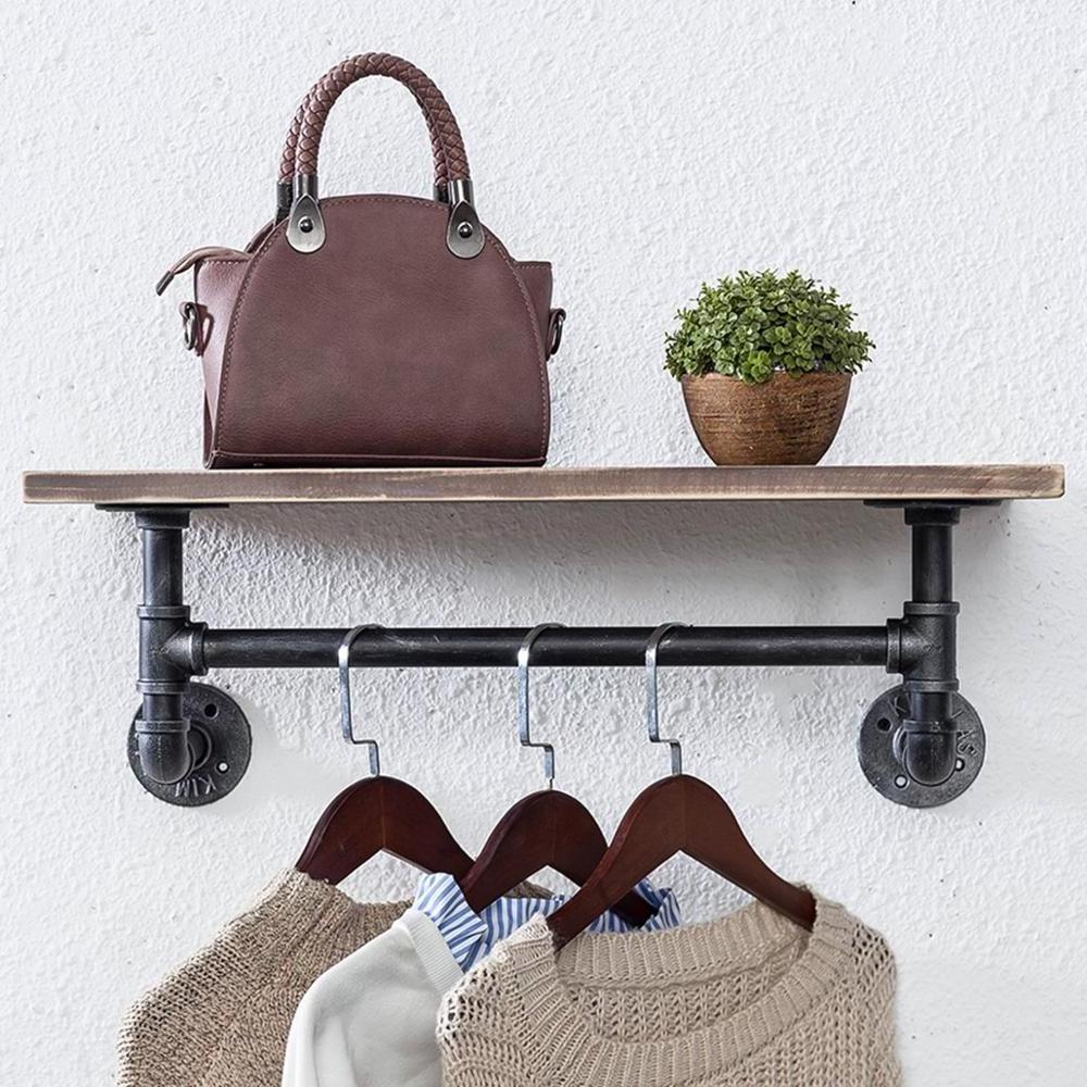 Rustic Wood Shelf With Towel Bar,1 Tier Black Farmhouse Towel Rack Over Toilet,Pipe Shelving Metal Floating Shelves Towel Holder