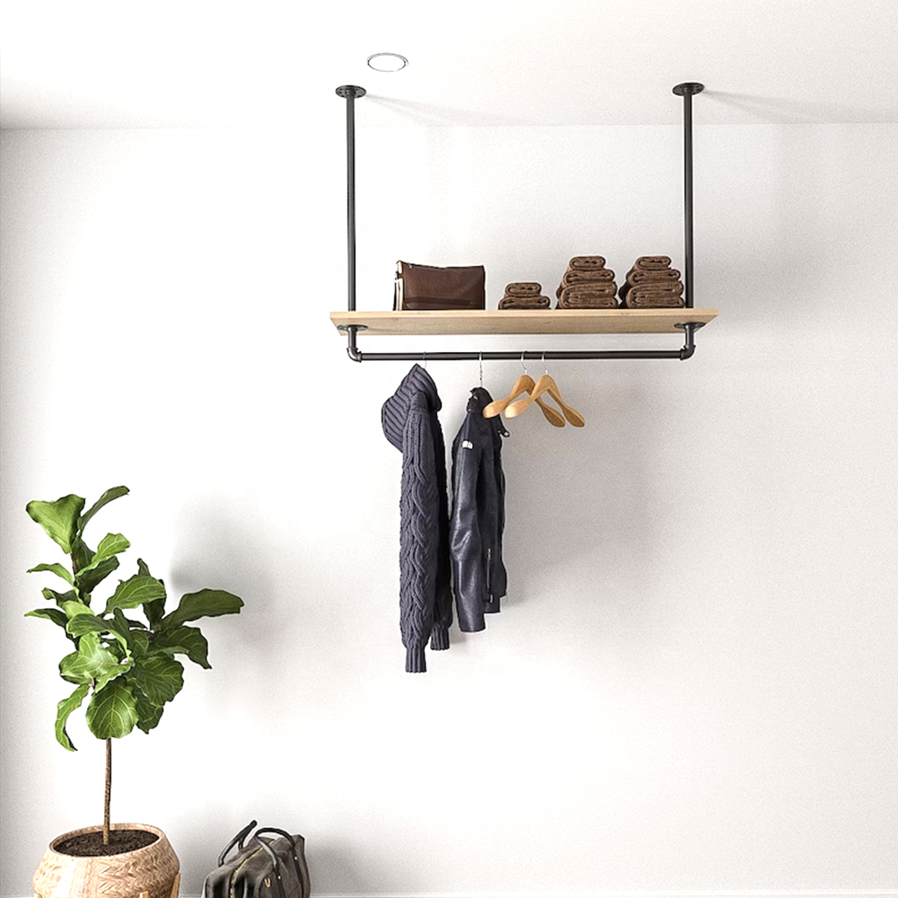 Industrial Style Clothes Rack Hanging Wardrobe Ceiling Wall Hanging Clothes Rack With Shelf