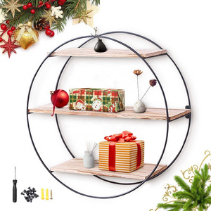 Black Iron Decorative Wall Mount Display Shelf Wood Round Shaped Three Tier Black  Wall Shelf With  Mdf  Rack  Shelf