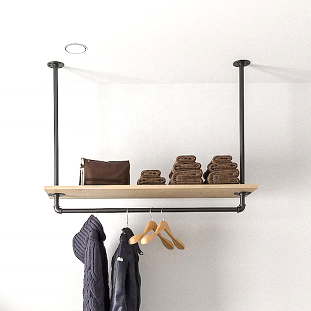 Industrial Style Clothes Rack Hanging Wardrobe Ceiling Wall Hanging Clothes Rack With Shelf