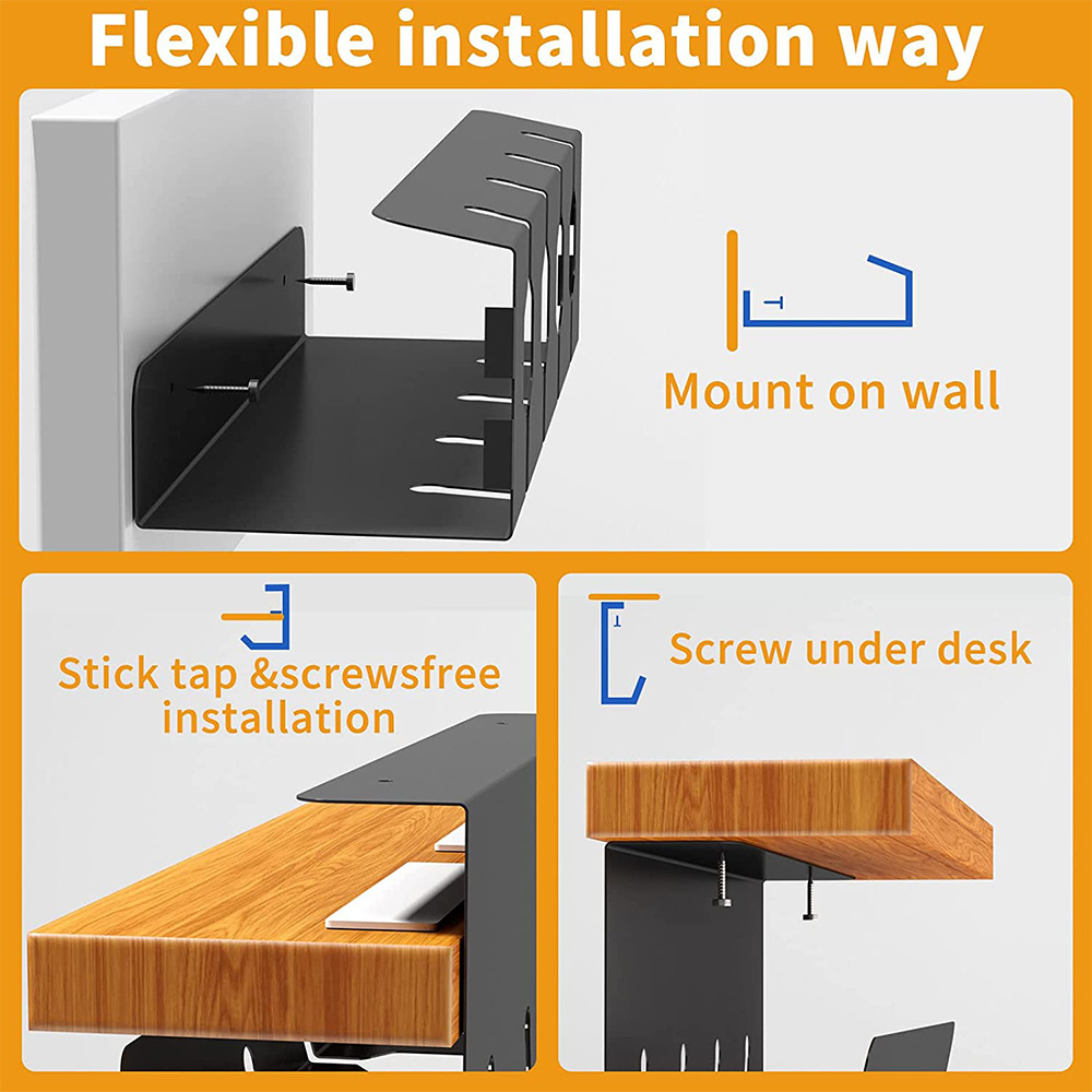 Under Desk Tray Metal Black Cable Management Tray Wire Organizer Rack for Cord Under Desk Shelf No Drill Iron Desk Organizer