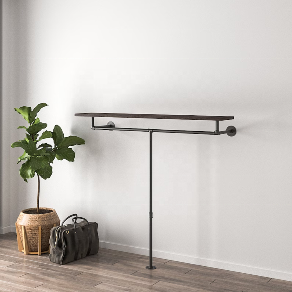 Minimalist Pipe Clothing Rail with Shelf Wall Mounted Standing Hanging Clothes Metal Display Clothes Rack