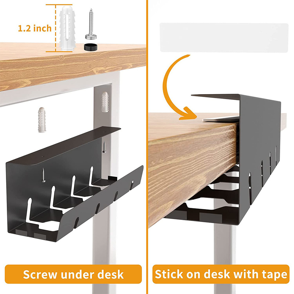 Under Desk Tray Metal Black Cable Management Tray Wire Organizer Rack for Cord Under Desk Shelf No Drill Iron Desk Organizer