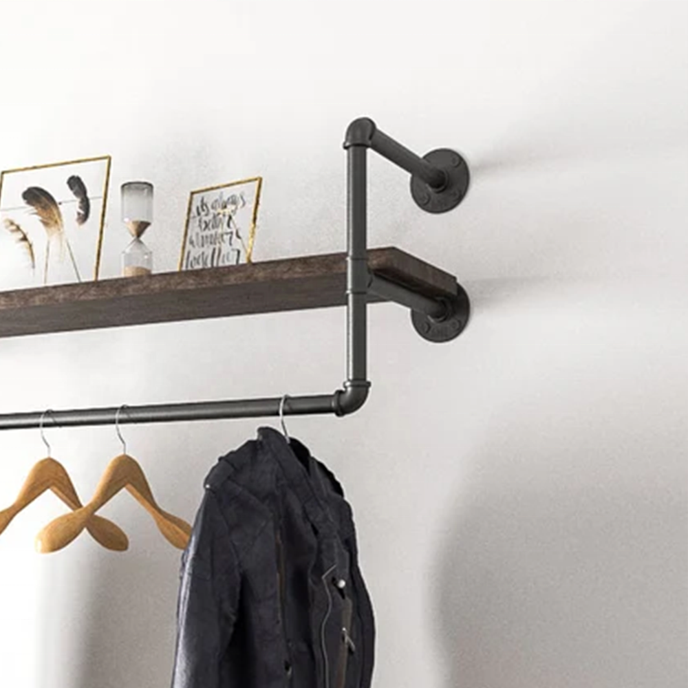 Wall Mounted Clothes Rail with Shelf Industrial Shelving Metal Pipe Rack Black Clothes Hanger Rack