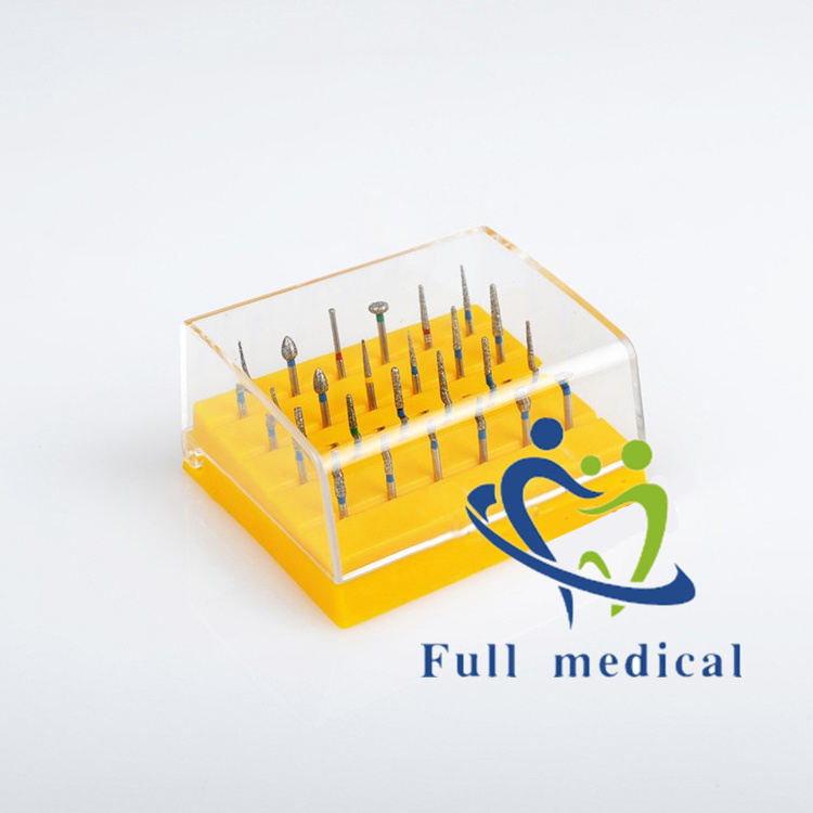 Dental High Speed Handpiece Diamond Burs Drills with Yellow Disinfection Holder 24pcs/box