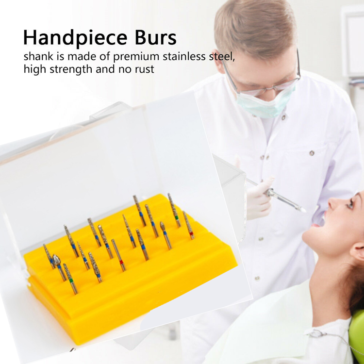 Dental High Speed Handpiece Diamond Burs Drills with Yellow Disinfection Holder 24pcs/box