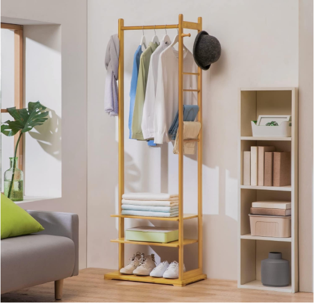 Free standing bamboo garment rack cloth rack  3 Tiers Clothes Racks Clothing Storage Shelving