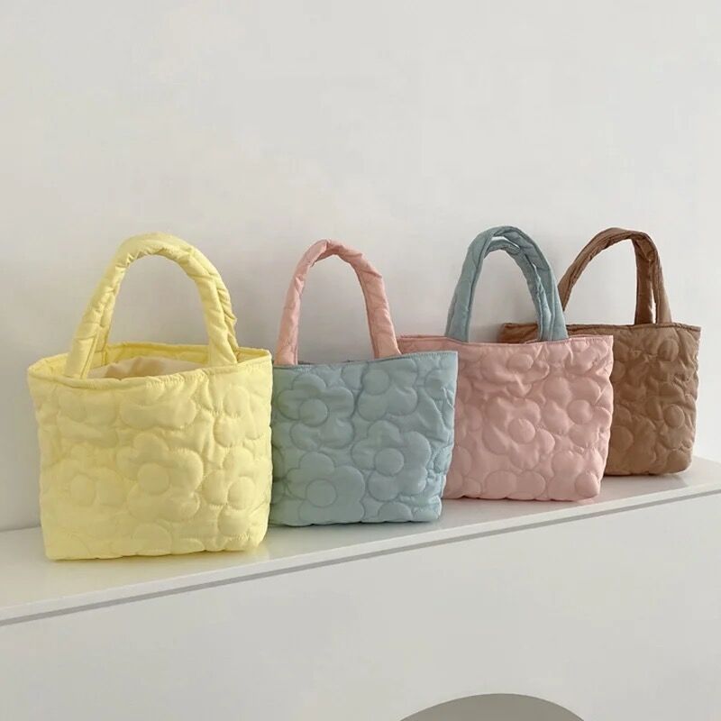 Winter Candy Color Flower Quilted Mini Bucket Tote Handbag Fashion Cute Flowers Girl Luxury Cotton Comfortable Lightweight Purse