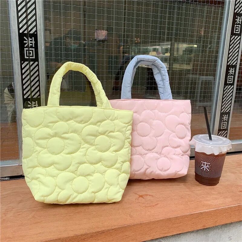 Winter Candy Color Flower Quilted Mini Bucket Tote Handbag Fashion Cute Flowers Girl Luxury Cotton Comfortable Lightweight Purse