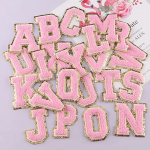 Pink color glitter letter patches 24 alphabet chenille patch iron or sew on patches For Clothing