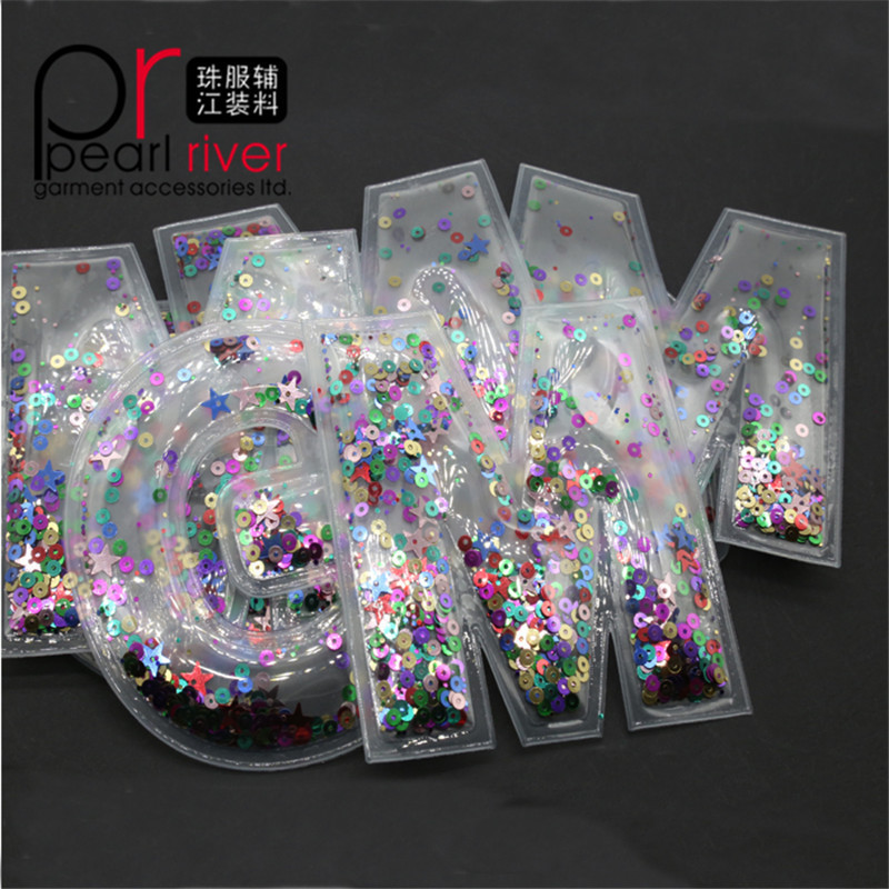 Hot fix 3D PVC custom logo sequin patches staffed letter patch for clothes