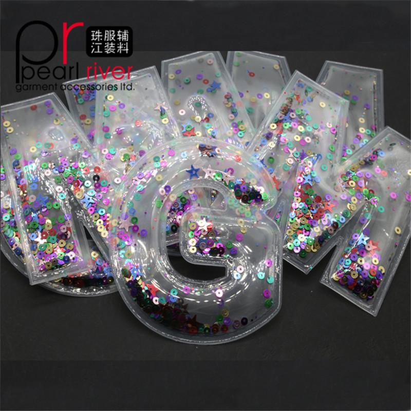 Hot fix 3D PVC custom logo sequin patches staffed letter patch for clothes