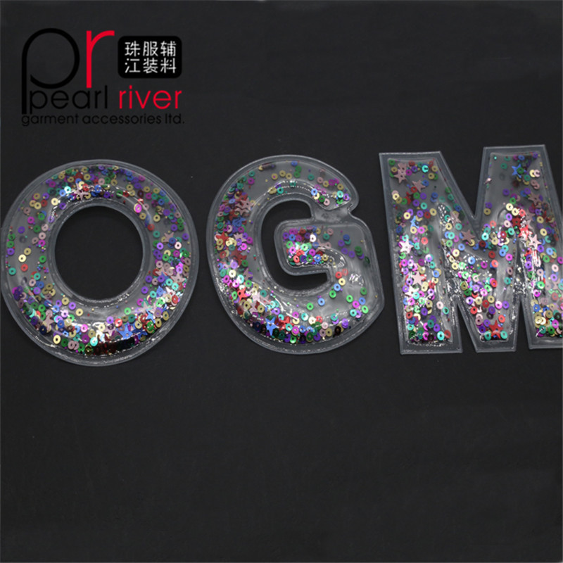 Hot fix 3D PVC custom logo sequin patches staffed letter patch for clothes