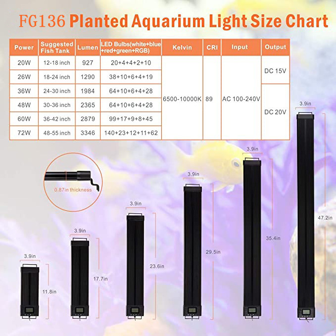 Fullgain Chinese 30 90 120 cm 46w Full Spectrum Freshwater Led Aquarium Home Lamp 6ft Aquarium Led Light With Timer Accessories