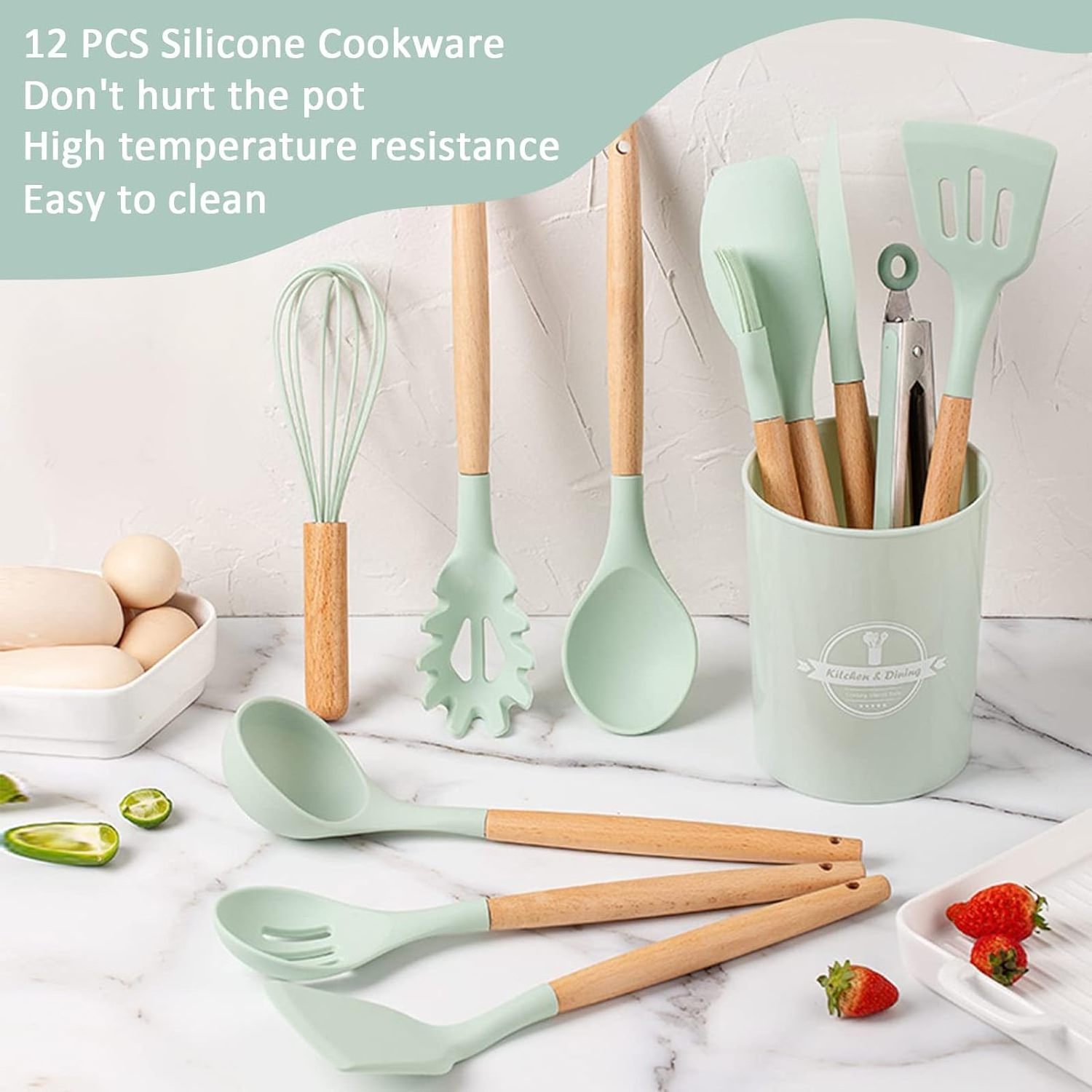 12-Piece Silicone Cookware Set with Non-Stick Spatula and Shovel Wooden Handle Kitchen Tools Includes Storage Box