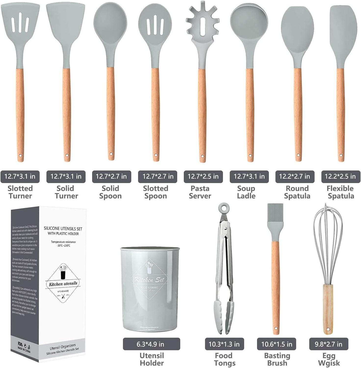 12-Piece Silicone Cookware Set with Non-Stick Spatula and Shovel Wooden Handle Kitchen Tools Includes Storage Box