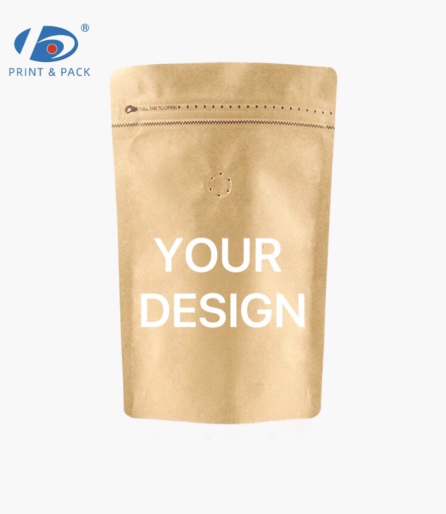 recycled customized nut snack stand up pouches dry food packaging brown kraft paper coffee bags with valve