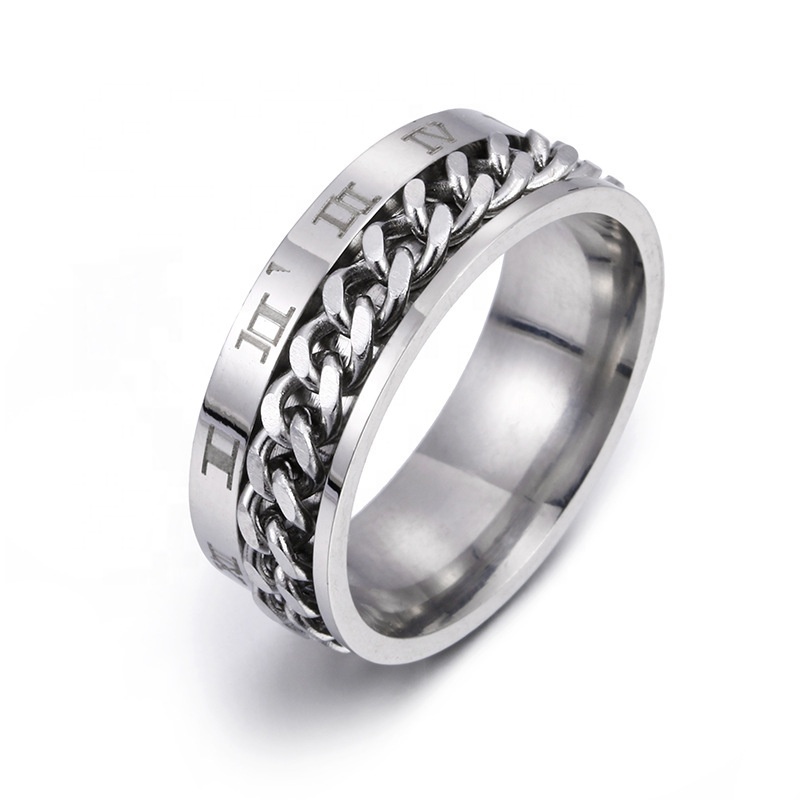 Ziming Roman Numbers Knurling And Rotatable Chains Men's Stainless Steel Ring Factory Wholesale