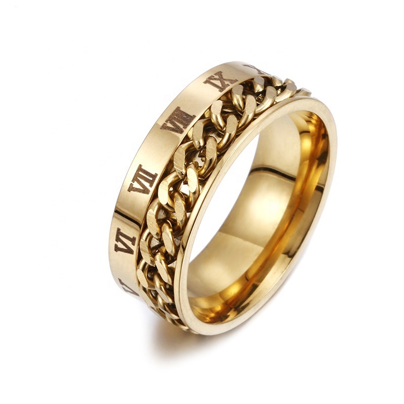 Ziming Roman Numbers Knurling And Rotatable Chains Men's Stainless Steel Ring Factory Wholesale