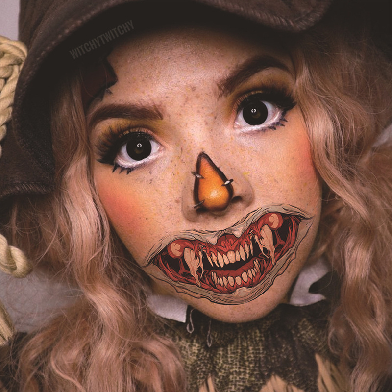 2024 Halloween Creative Horror Big Mouth Face Sticker Tattoo Waterproof Temporary Makeup Party Supply Fun Holiday Decorations