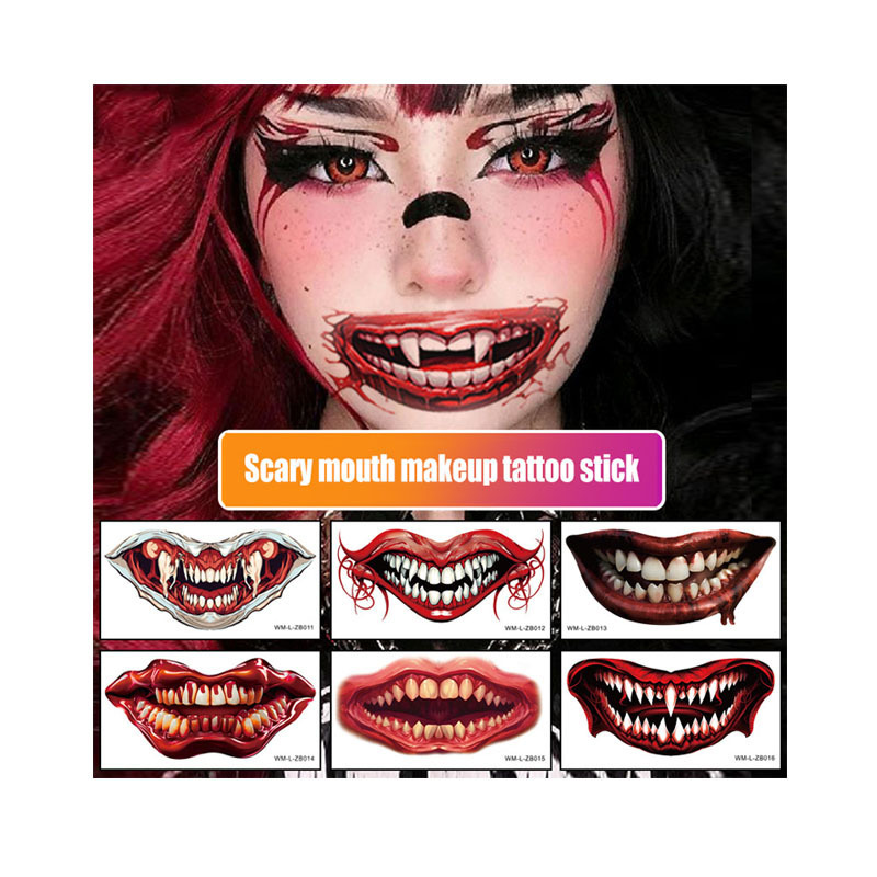 2024 Halloween Creative Horror Big Mouth Face Sticker Tattoo Waterproof Temporary Makeup Party Supply Fun Holiday Decorations