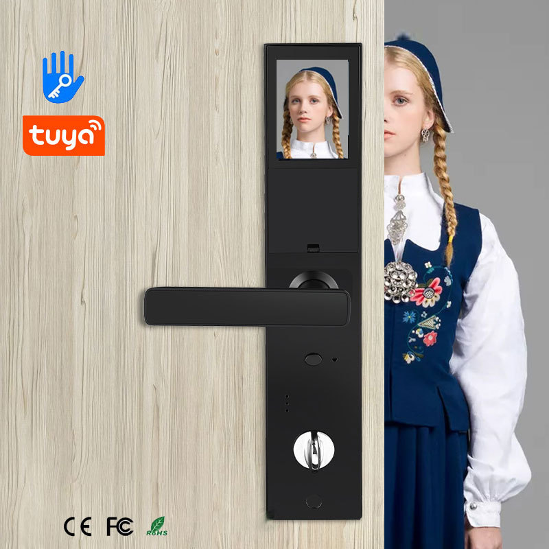 Electronic security sliding fingerprint face recognition digital guangdong tuya smart home handle front door lock with camera